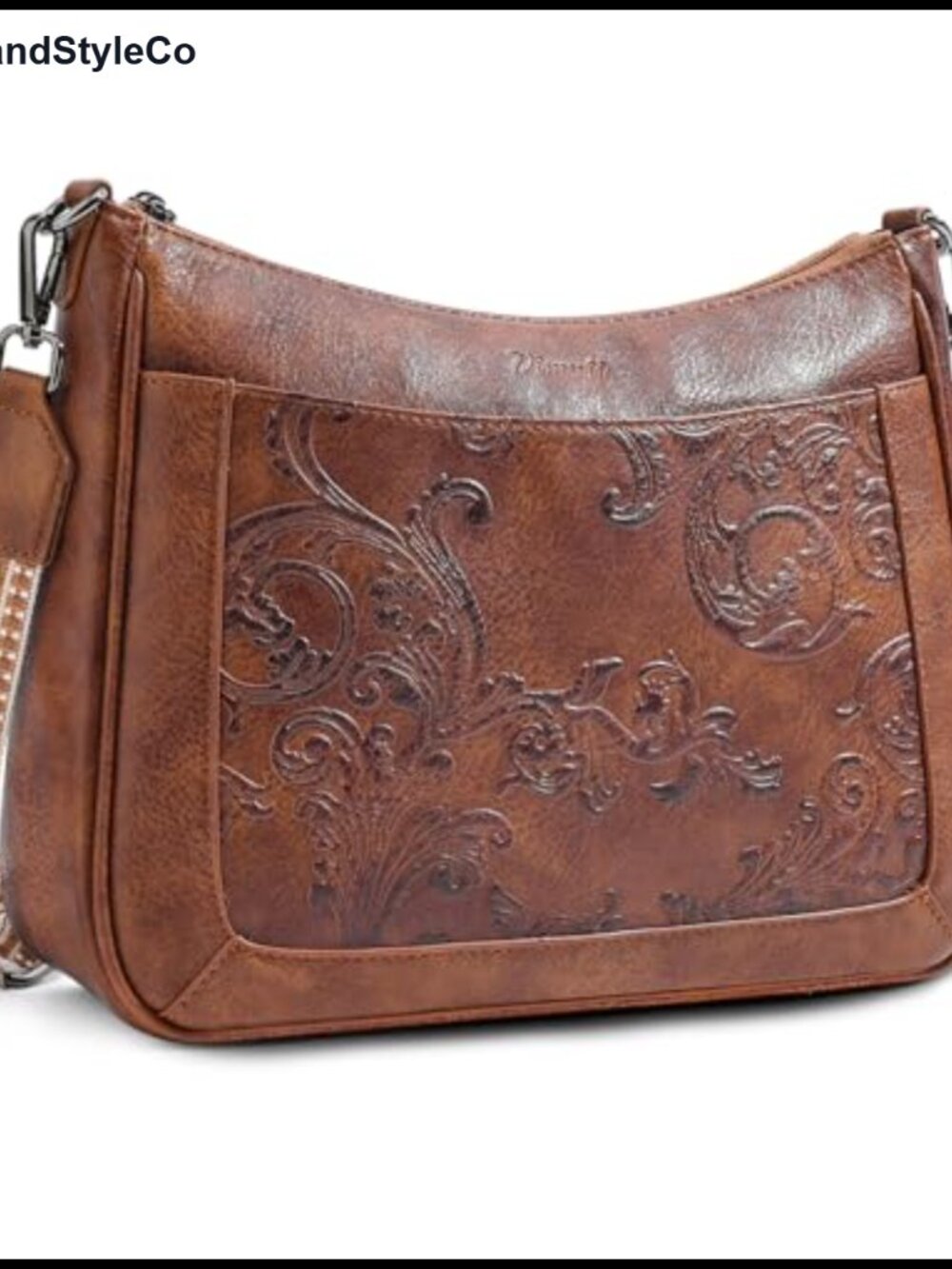 Women's Vegan Leather Crossbody Purse with Embossed Flower Design, Adjustable